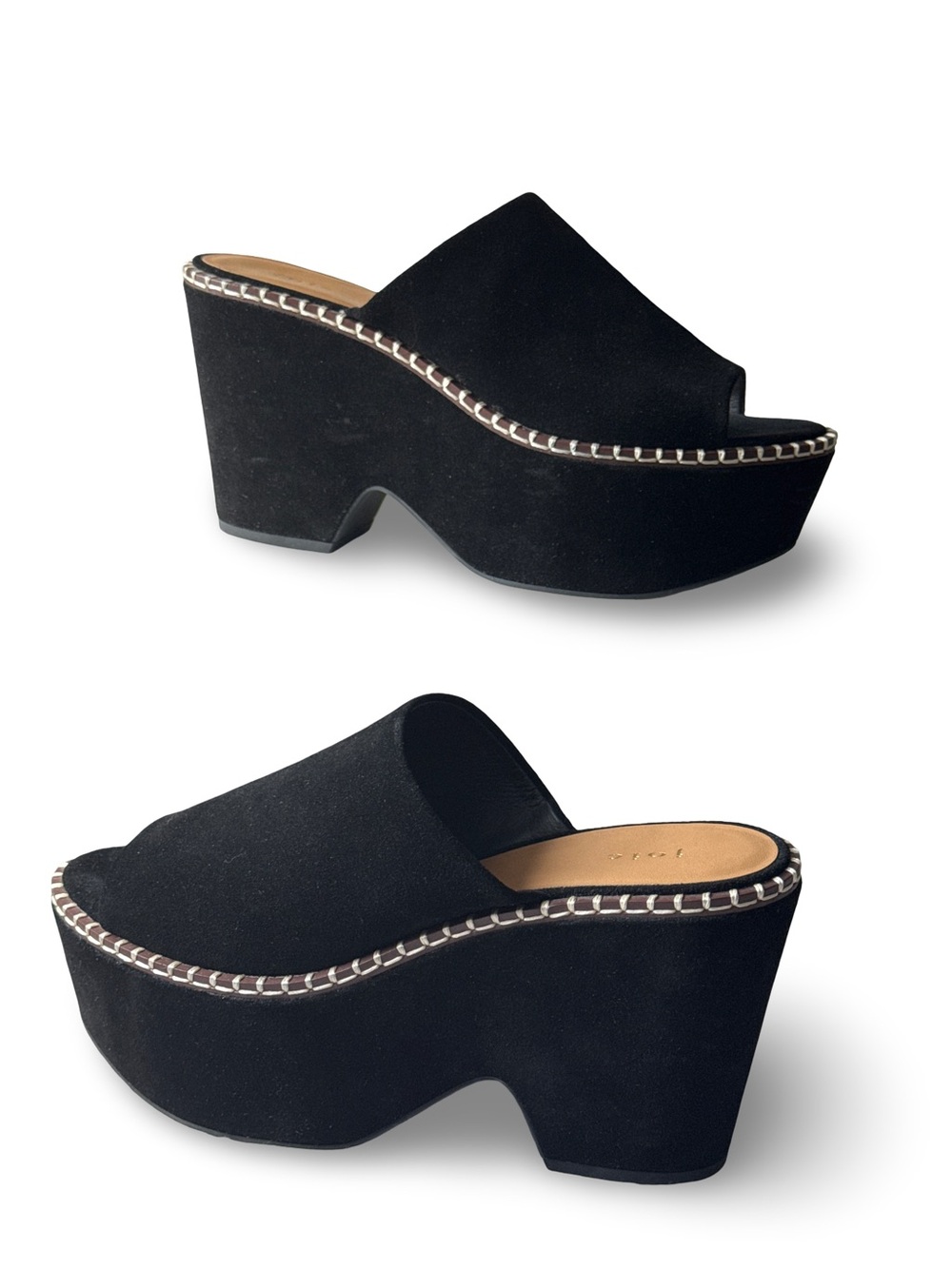 Joie Black Suede Open-Toe Platform Mules with Contrast Stitching